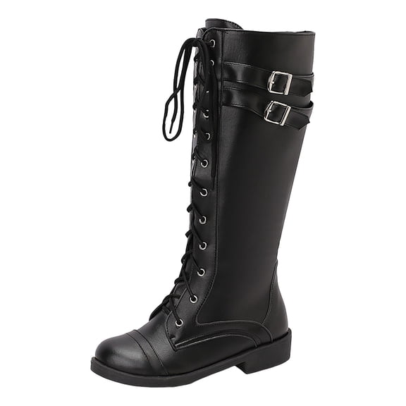 YLYL Women's Knee High Boots Belt Buckle Round Toe Lace-up Low Heel Winter Fashion Combat Riding Boots