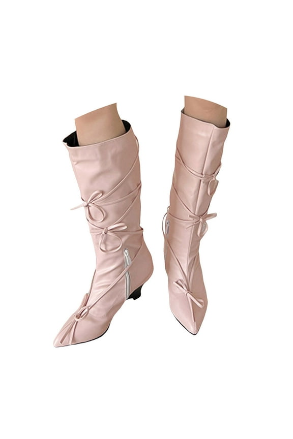 Women's Knee High Boots Bows Stacked Heel Pointed Toe Wedge Boot with Zipper