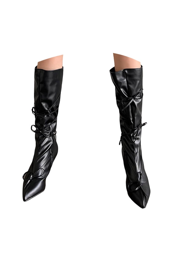 Women's Knee High Boots Bows Stacked Heel Pointed Toe Wedge Boot with Zipper