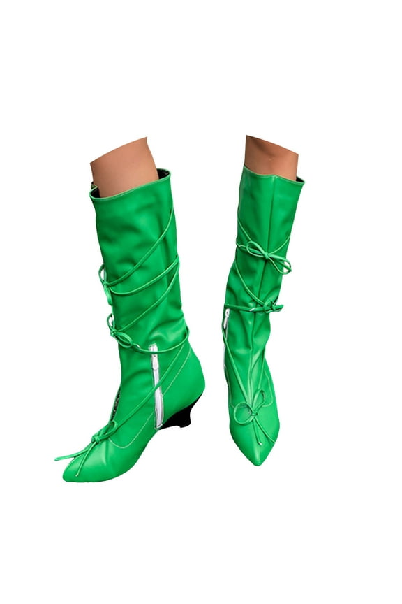 Women's Knee High Boots Bows Stacked Heel Pointed Toe Wedge Boot with Zipper