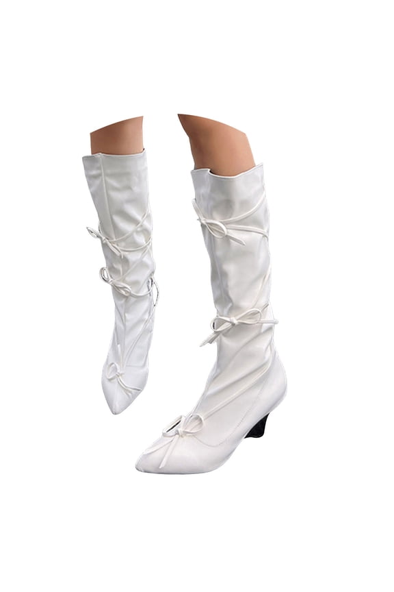 Women's Knee High Boots Bows Stacked Heel Pointed Toe Wedge Boot with Zipper