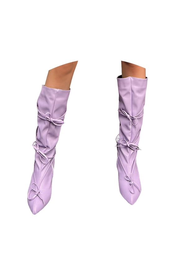 Women's Knee High Boots Bows Stacked Heel Pointed Toe Wedge Boot with Zipper