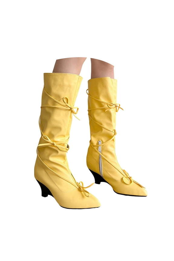 Women's Knee High Boots Bows Stacked Heel Pointed Toe Wedge Boot with Zipper