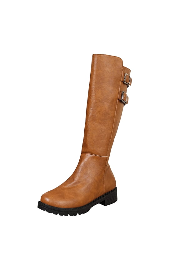Women's Knee High Boots Chunky Block Heel Wide Calf Zip up Fall Tall Riding Boots with Buckle