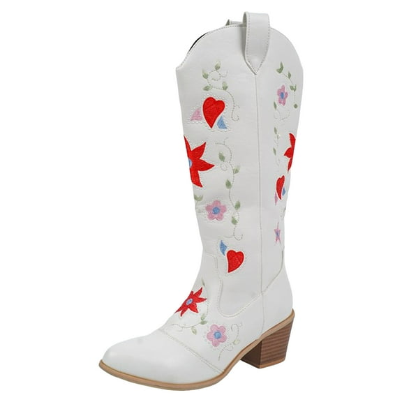 YLYL Women's Knee High Boots Embroidery Pointed Toe Chunky Heel Pull on Retro Western Cowboy Cowgirl Boots