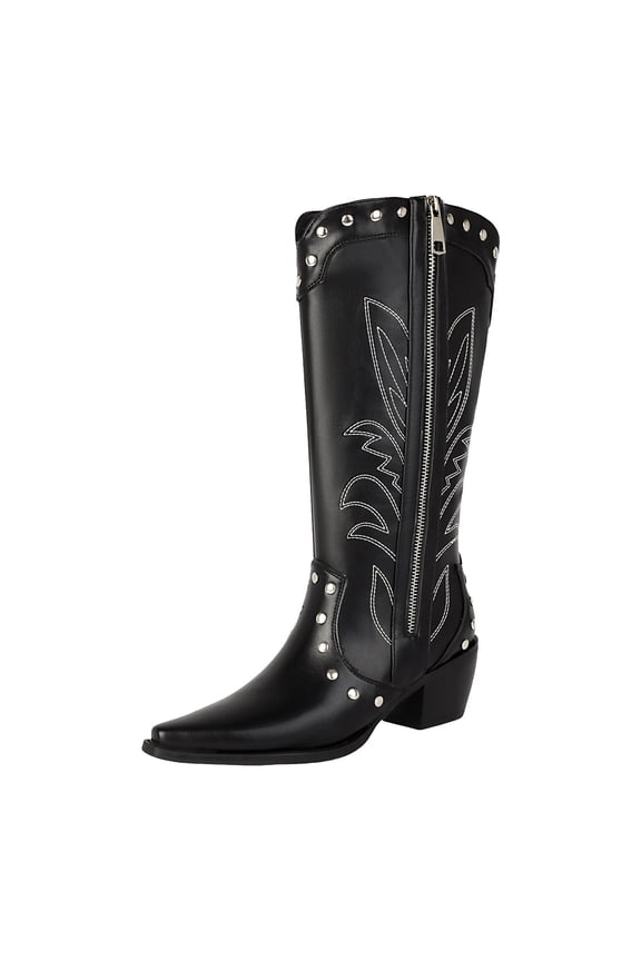 Women's Knee High Boots Embroidery Studded Wide Calf Pointed Toe Chunky Heel Western Boots
