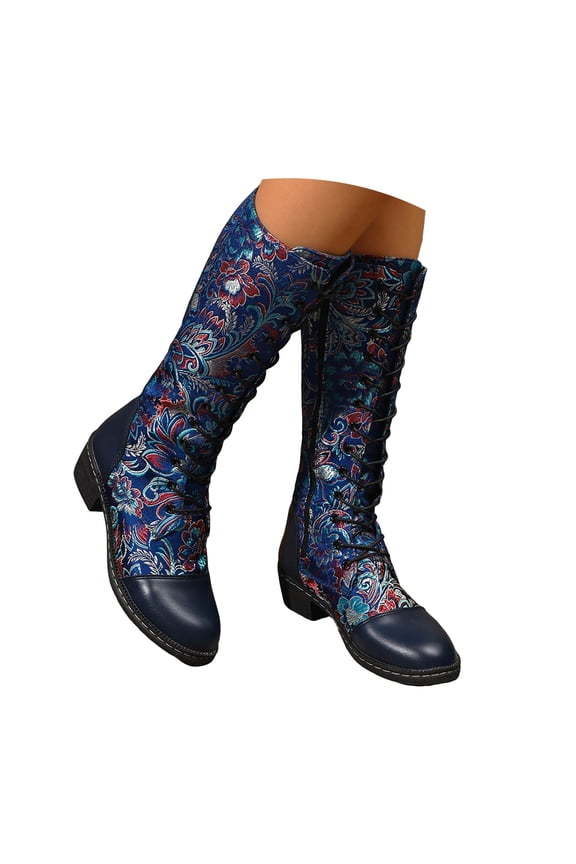Women's Knee High Boots Embroidered Lace up Retro Ethnic Chunky Heel Side Zipper Western Cowboy Cowgirl Boots