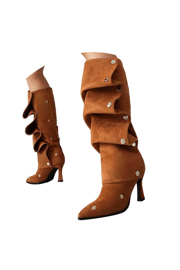 Women's Knee High Boots Stiletto Pointed Toe High Heels Wide Calf Ruched Slouchy Detachable Snap-off Panel Boots