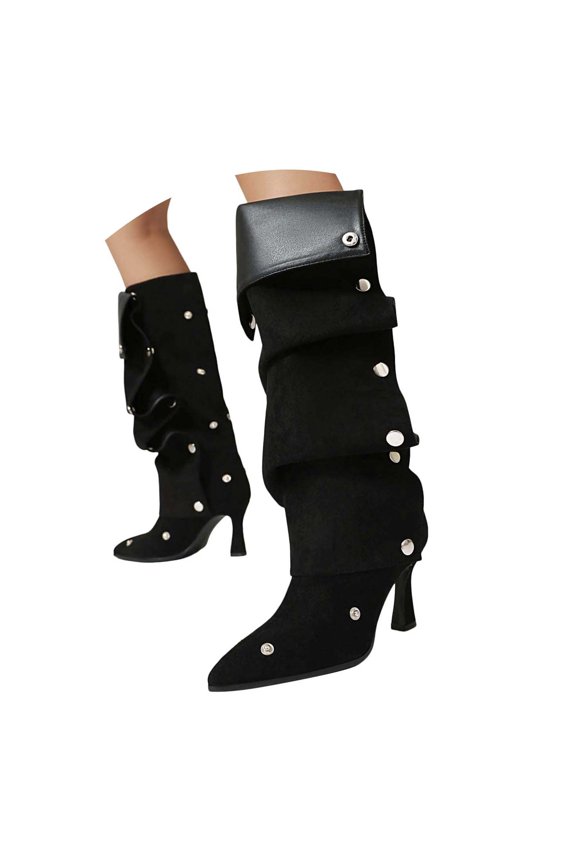 Women's Knee High Boots Stiletto Pointed Toe High Heels Wide Calf Ruched Slouchy Detachable Snap-off Panel Boots