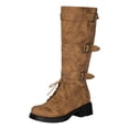 thumbnail image 1 of YLYL Women's Knee High Boots Wide Calf Buckle Straps Lace up Square Toe Chunky Block Heel Motorcycle Riding Combat Boots, 1 of 9