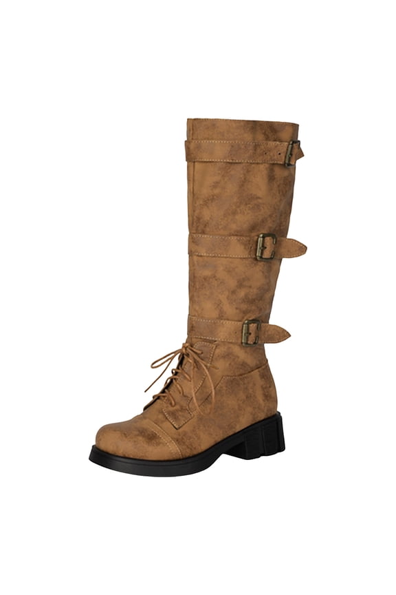 Women's Knee High Boots Wide Calf Buckle Straps Lace up Square Toe Chunky Block Heel Motorcycle Riding Combat Boots