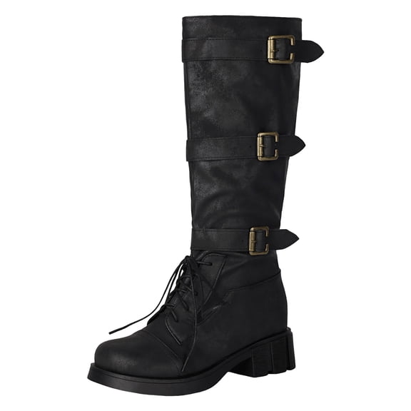YLYL Women's Knee High Boots Wide Calf Buckle Straps Lace up Square Toe Chunky Block Heel Motorcycle Riding Combat Boots