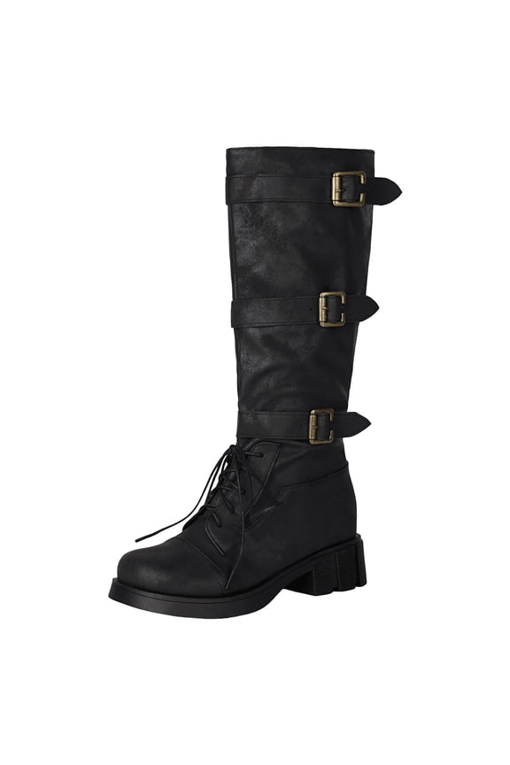 Women's Knee High Boots Wide Calf Buckle Straps Lace up Square Toe Chunky Block Heel Motorcycle Riding Combat Boots