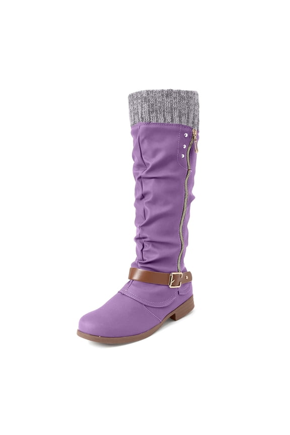 Women's Knee High Snow Boots Knitted Ruched Round Toe Low Heel Motorcycle Riding Boot with Side Zipper