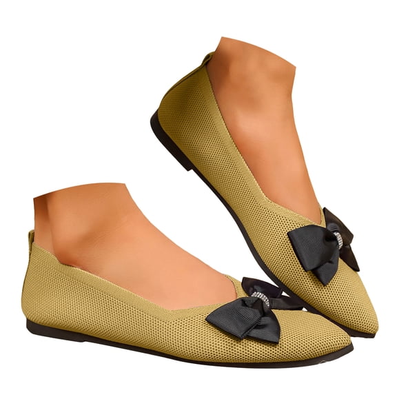YLYL Women's Knit Ballet Flats Bow Breathable Mesh Pointed Toe Slip on Comfortable Dressy Shoes