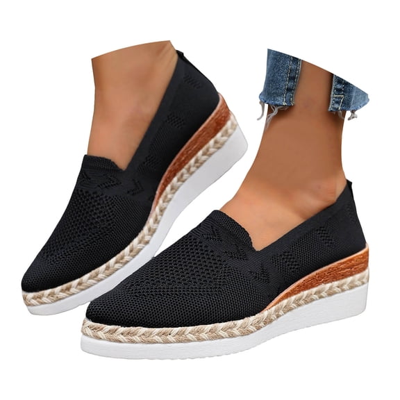 YLYL Women's Knit Loafers Wedge Heel Slip on Almond Toe Lightweight Fashion Casual Walking Shoes