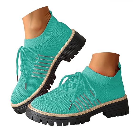 YLYL Women's Knit Sneakers Lug Sole Lace up Breathable Mesh Non Slip Comfort Casual Oxford Shoes