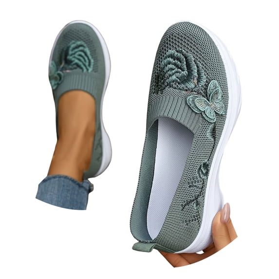 YLYL Women's Knitted Loafers Floral Embroidered Soft Bottom Slip on Lightweight Casual Walking Shoes