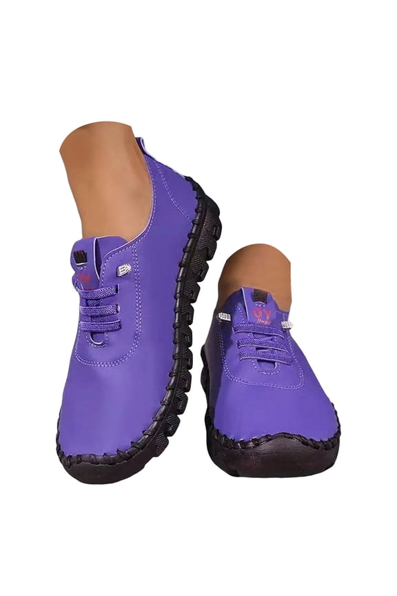 Women's Leather Flat Bottom Loafers Slip-on Round Toe Non-Slip Breathable Walking Shoes