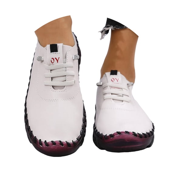 YLYL Women's Leather Flat Bottom Loafers Slip-on Round Toe Non-Slip Breathable Walking Shoes