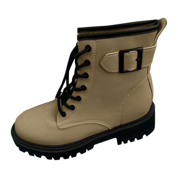 YLYL Women's Lug Sole Ankle Bootie Lace up Low Block Heels Side Zipper Boots Buckle Combat Booties Fashion Causal Shoes