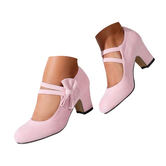 YLYL Women's Mary Jane Pumps Cute Bowknot Closed Round Toe Chunky Heel Evening Party Office Work Dress Shoes