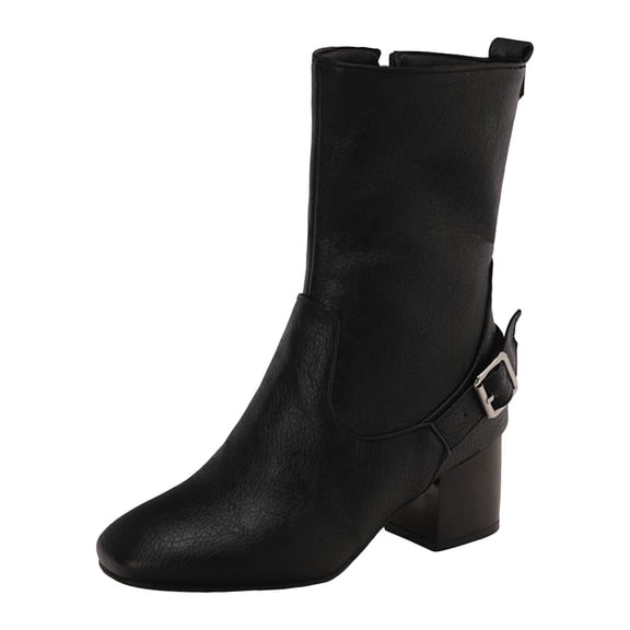 YLYL Women's Mid Calf Boot Buckle Chunky Block Heel Square Toe Side Zipper Slip on Fall Winter Shoes