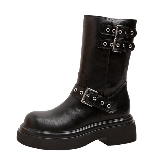 YLYL Women's Mid Calf Boots Belt Buckle Round Toe Chunky Heel Fashion Fall Winter Combat Motorcycle Riding Boots