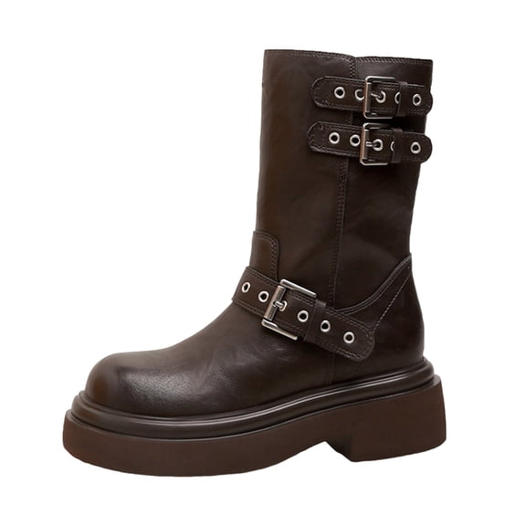 YLYL Women's Mid Calf Boots Belt Buckle Round Toe Chunky Heel Fashion Fall Winter Combat Motorcycle Riding Boots