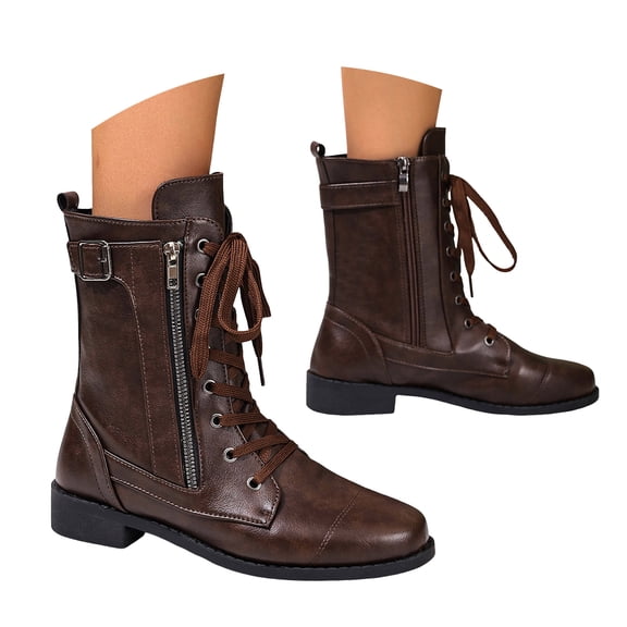 YLYL Women's Mid Calf Boots Built-in Wallet Pocket Low Heel Lace up Military Combat Boots