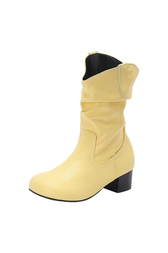 Women's Mid Calf Boots Chunky Mid Heel Round Toe Pull on Fall Winter Fashion Western Boots