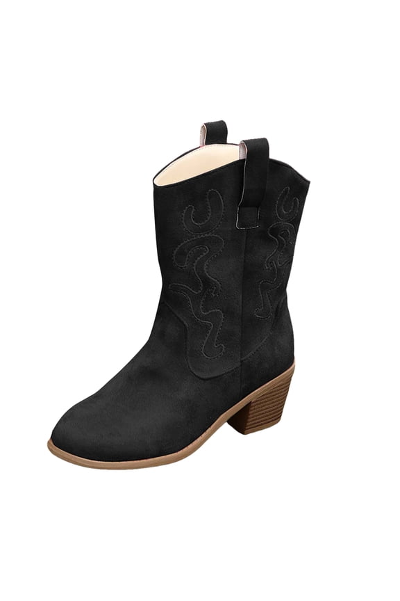 Women's Mid Calf Boots Pointed Toe Chunky Heel Modern Western Cowboy Cowgirl Boots with Pull on Tabs