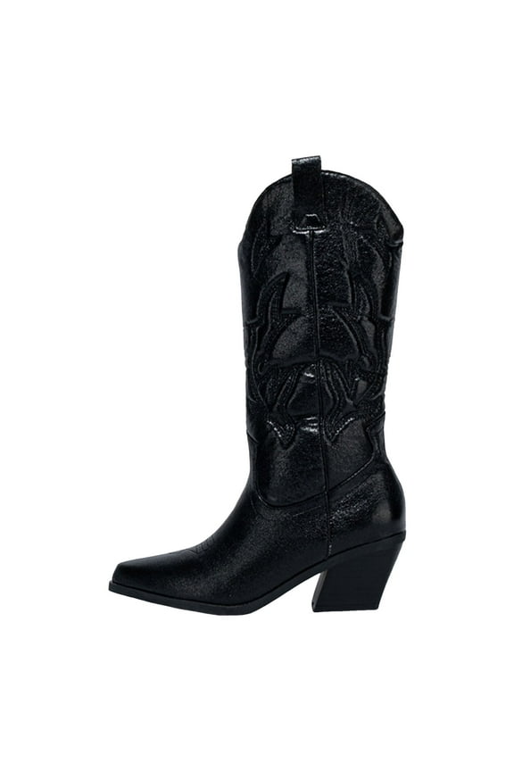 Women's Mid Calf Boots Embroidered Pointed Toe Chunky Heel Wide Calf Pull on Western Cowboy Cowgirl Boots