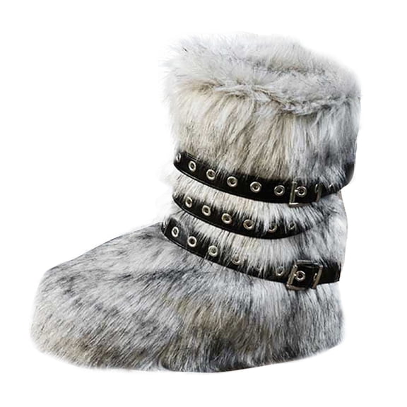 YLYL Women's Mid Calf Boots Furry Fluffy Warm Fur Lined Round Toe Y2K Fashion Outdoor Snow Boots
