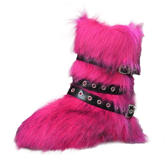 YLYL Women's Mid Calf Boots Furry Fluffy Warm Fur Lined Round Toe Y2K Fashion Outdoor Snow Boots