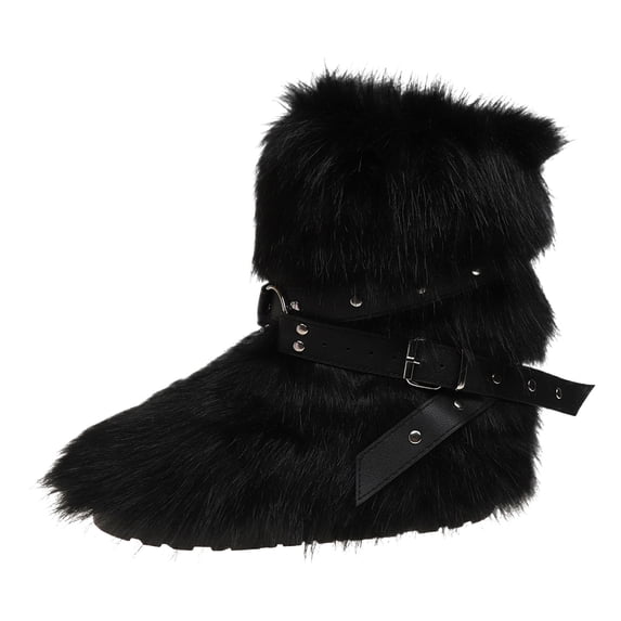 YLYL Women's Mid Calf Boots Furry Fluffy Warm Fur Lined Round Toe Y2K Fashion Outdoor Snow Boots