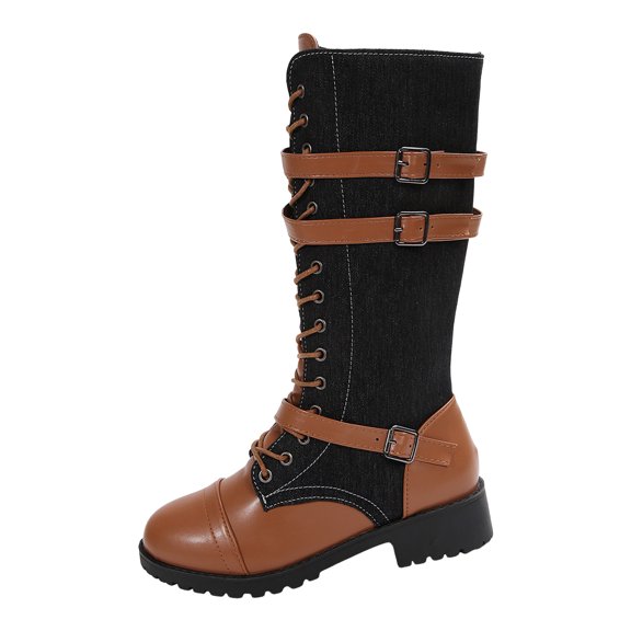 YLYL Women's Mid Calf Boots Lace up Side Zipper Chunky Heel Motorcycle Riding Combat Boots