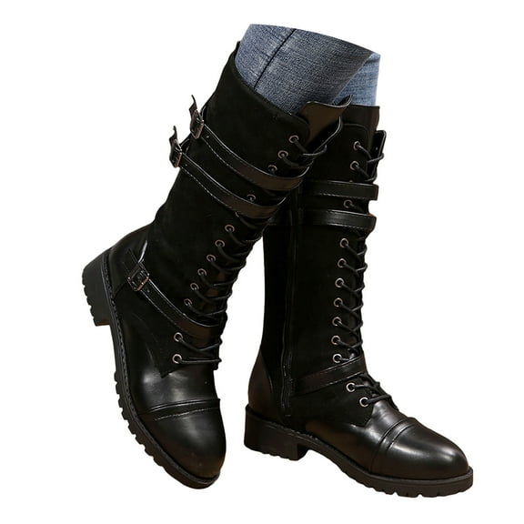 YLYL Women's Mid Calf Boots Lace up Side Zipper Chunky Heel Motorcycle Riding Combat Boots