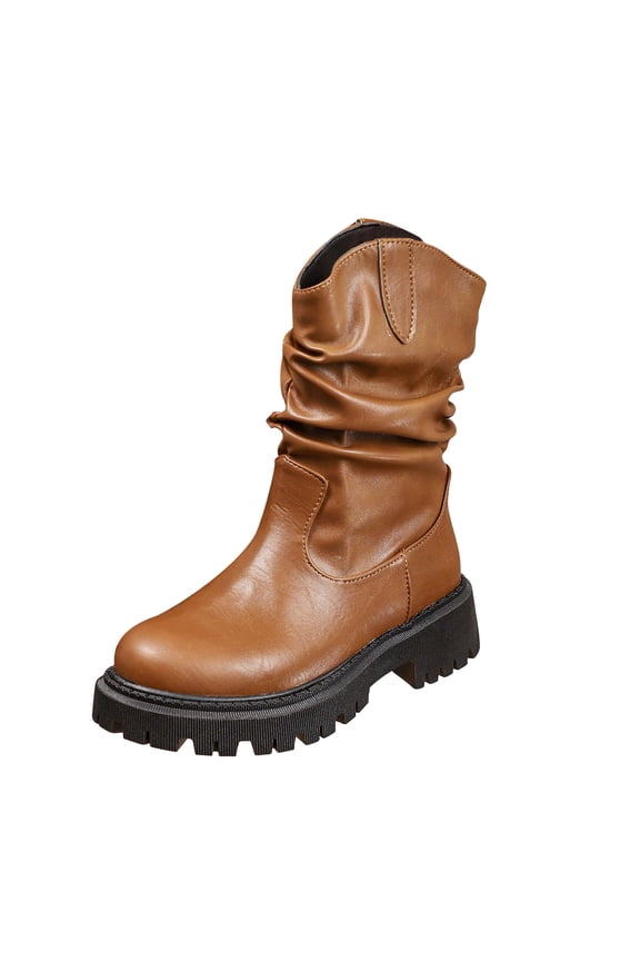 Women's Mid Calf Boots Soft Leather Wide Width Platform Low Heel Motorcycle Riding Pull on Shoes