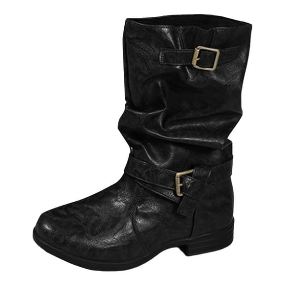 YLYL Women's Mid Calf Boots with Buckle Design Artificial Leather Side Zipper Non-Slip Sole Fall Boots