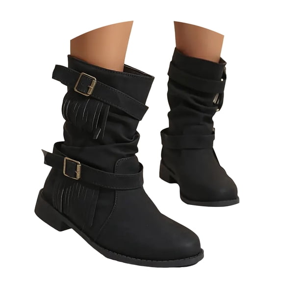 YLYL Women's Mid Calf Boots with Low Chunky Heel Round Toe Classic Fashion Motorcycle Riding Boots