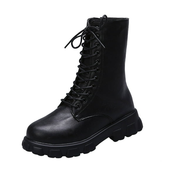 YLYL Women's Mid Calf Combat Boots Lace-up Elastic Platform Boot with Side Zipper