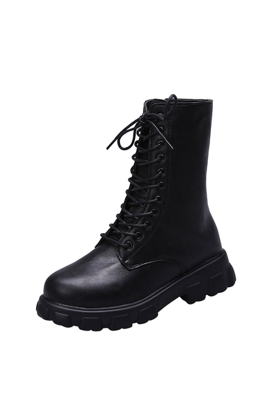 Women's Mid Calf Combat Boots Lace-up Elastic Platform Boot with Side Zipper