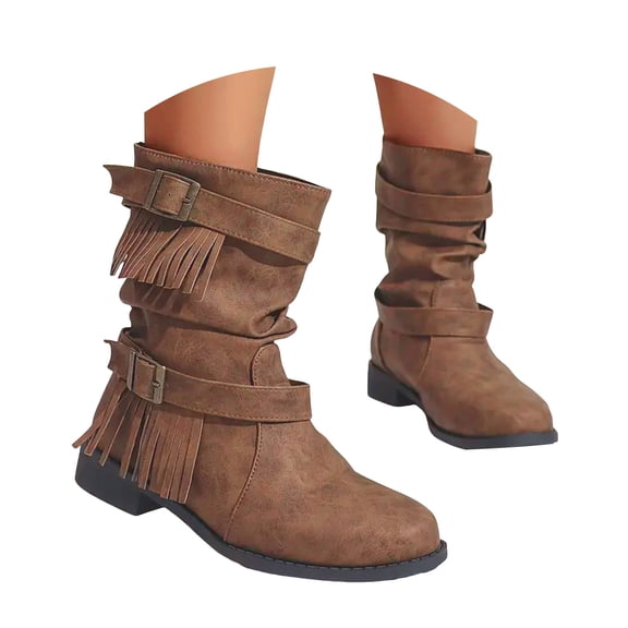 YLYL Women's Mid-Calf Cowboy Cowgirl Boots with Low Heel Side Zipper Motorcycle Style Classic Round Toe Fashion Western Boots