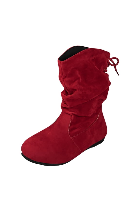 Women's Mid Calf Flat Boots Wide Width Round Toe Pull on Fashion Casual Walking Riding Boots