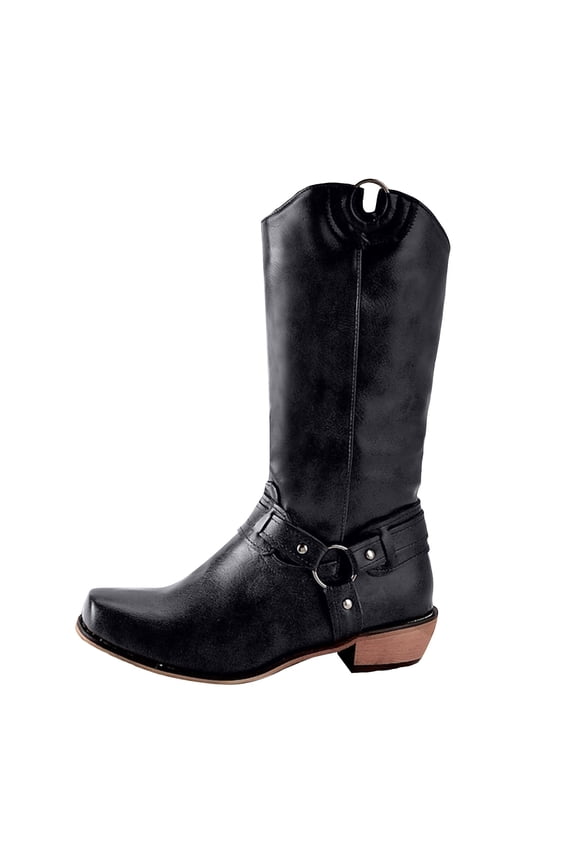 Women's Mid Calf Western Cowboy Boots Square Toe Pull on Block Heel Riding Boots
