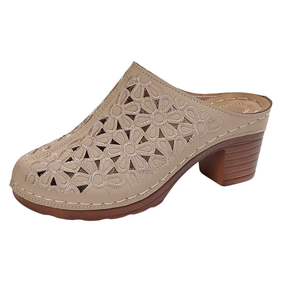 YLYL Women's Mules Slippers Hollow out Closed Toe Chunky Mid Heel Slip on Casual Summer Sandals