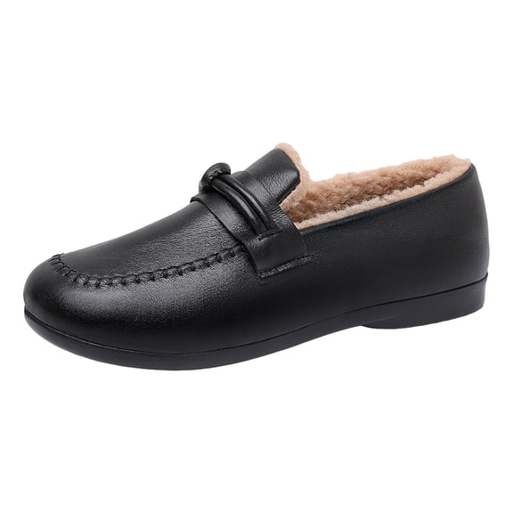 YLYL Women's PU Leather Penny Loafers Warm Fur Lined Slip on Casual Business Work Winter Walking Shoes