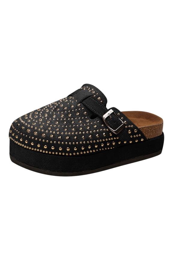Women's Platform Clogs Rivet Studded Buckle Cork Footbed Comfortable Slip on Indoor Outdoor Mules