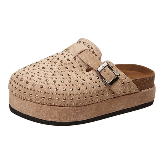 YLYL Women's Platform Clogs Rivet Studded Buckle Cork Footbed Comfortable Slip on Indoor Outdoor Mules